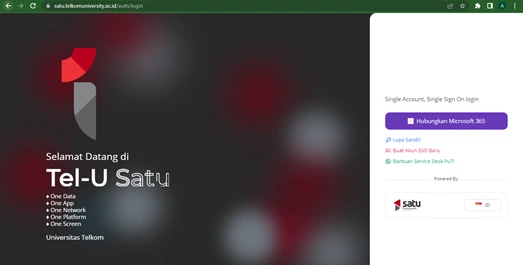 1. Buka web satu.telkomuniversity.ac.id, klik Hubungkan Microsoft 365 lalu masukkan username dan password SSO.