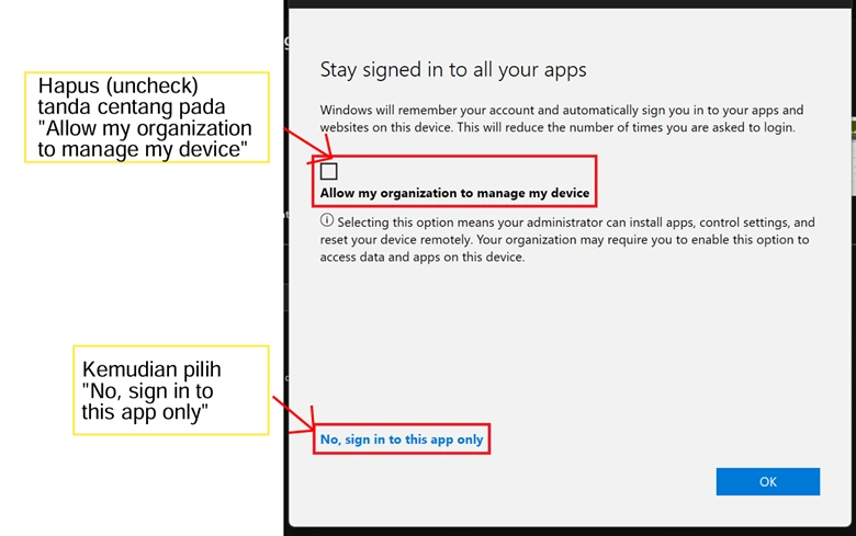 hapus allow my organization pemasangan Microsoft Office 365
