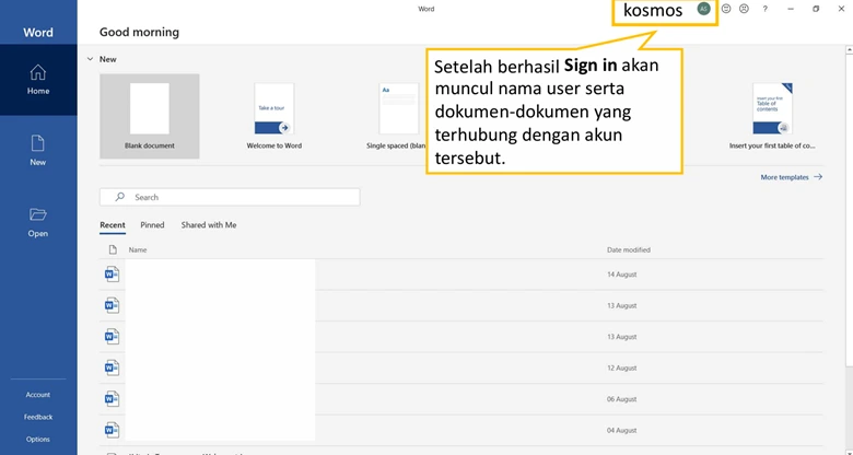 sign account to word Microsoft Office 365