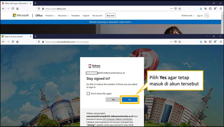 klik yes untuk melanjutkan SSO Pemasangan Microsoft Office 365