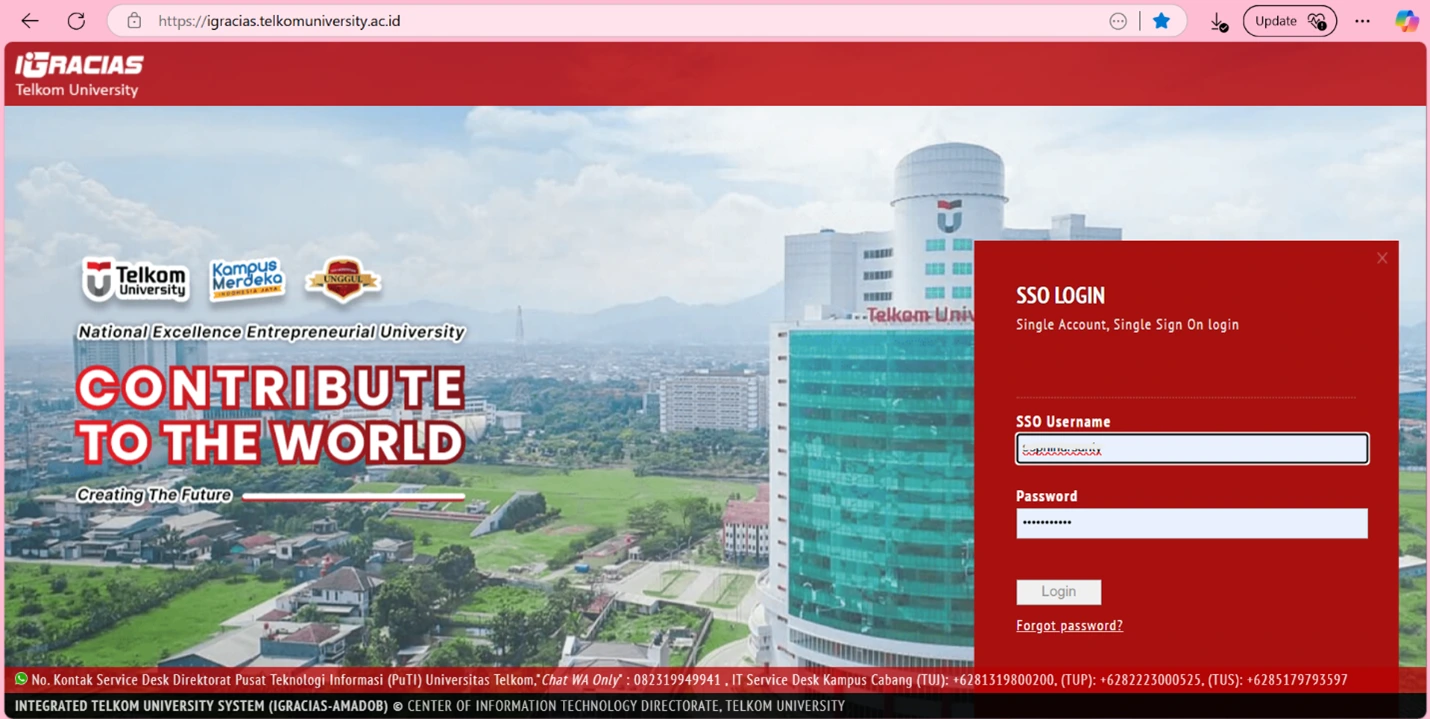 1. Buka website Igracias dengan mengakses link igracias.telkomuniversity.ac.id, lalu login menggunakan username dan password SSO masing masing user user.