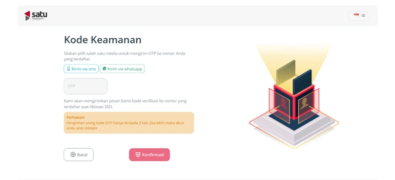 Pilih metode pengiriman kode OTP melalui SMS atau WhatsApp, lalu masukkan kode OTP yang diterima dan tekan "Konfirmasi".