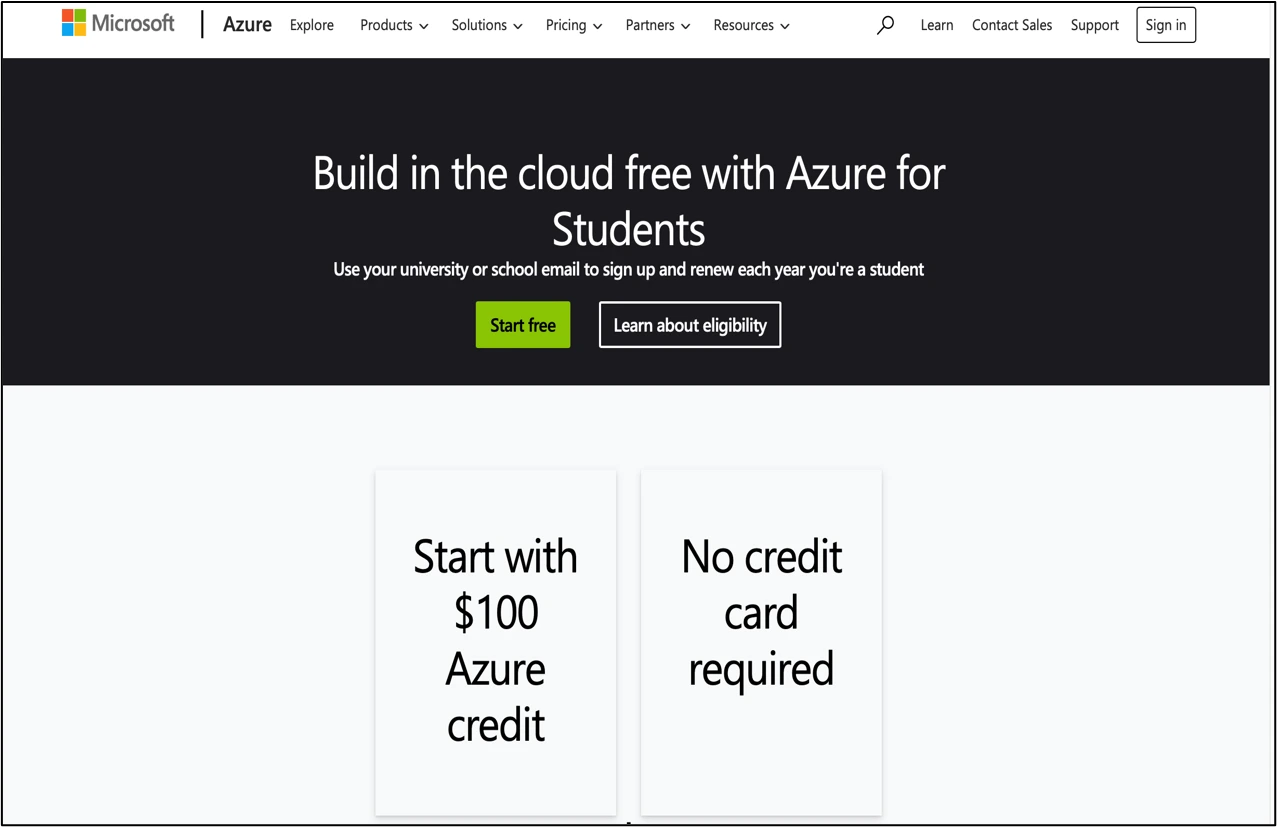 Membuka Portal Azure for Students, dan klik Start Free