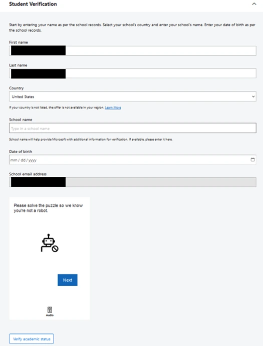 Isi identitas anda, selesaikan puzzle yang tersedia untuk menandakan bahwa anda bukan seorang robot kemudian klik Verify academic status