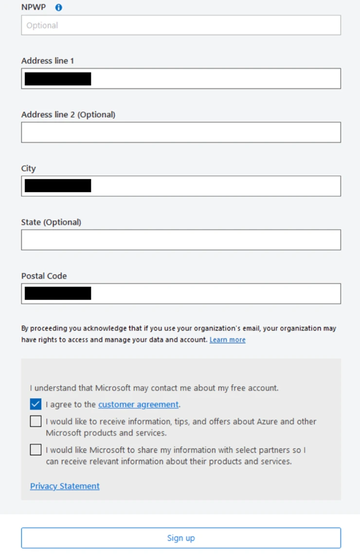 Lanjutkan pengisian data, kosongkan NPWP, beri centang pada I agree to the customer agreement, kemudian pilih Sign up
