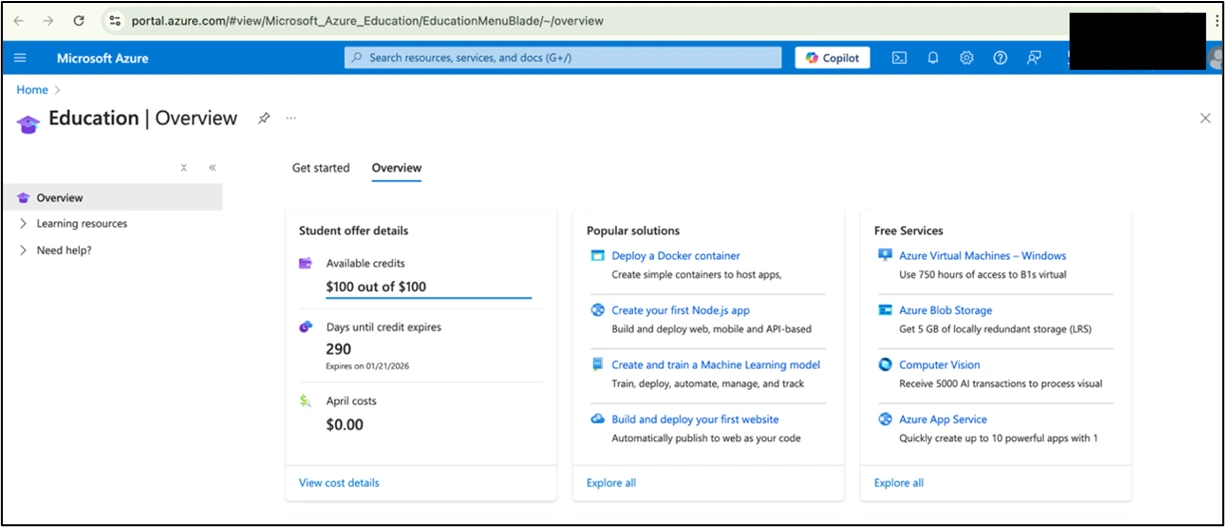 Jika proses verifikasi berhasil, maka anda otomatis diarahkan ke halaman Azure Education Dashboard