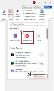 Ketik “Mendeley Cite” pada kolom pencarian Add-ins, kemudian klik tombol ‘Add’ untuk memasukkan add-in ke dalam Word.