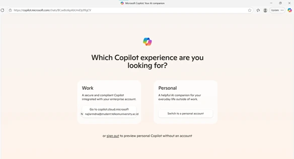 Setelah berhasil login, pilih opsi Work agar diarahkan ke tampilan utama Microsoft Copilot.