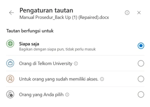 Pada bagian Salin Tautan, klik pengaturan akses seperti Siapa saja yang memiliki tautan dapat melihat untuk menyesuaikan hak akses.