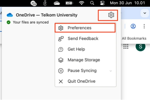 Setelah aplikasi terbuka, klik ikon awan OneDrive tadi lalu pilih Settings (ikon roda gigi).