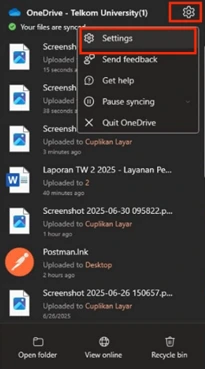 Setelah ikon OneDrive terbuka, pilih ikon roda gigi (⚙️ Settings), kemudian klik opsi Settings