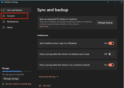 Dari jendela pengaturan OneDrive, pilih tab Account