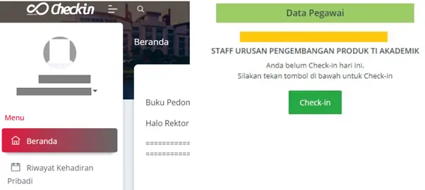 Jika Anda sudah mengajukan konfirmasi dan ingin CheckIn hari ini, kembali ke menu Beranda >> Scroll halaman ke paling bawah >> Klik Check-in