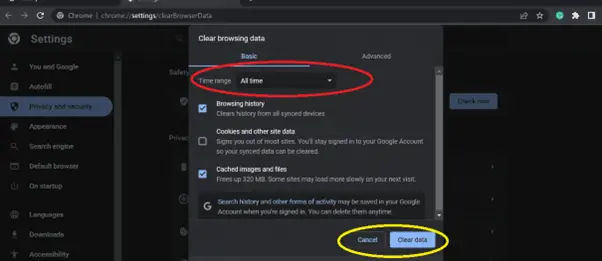 Pilih “Clear browsing data” lalu setting time range “all time” >> Klik “clear data”. 2