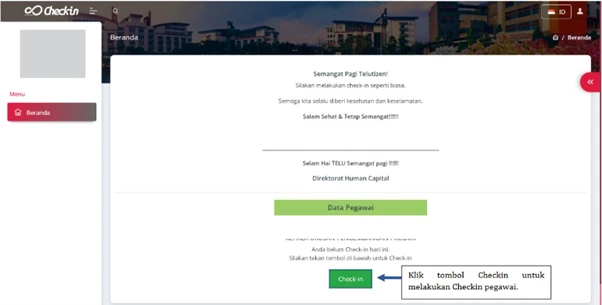 • Setelah masuk, buka menu Beranda dan klik tombol Check-in