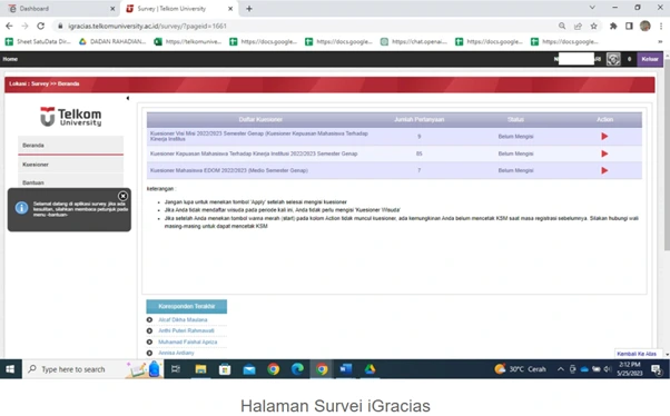 Pada halaman survei, pilih ikon panah merah di kolom Action untuk memulai proses pengisian kuesioner.