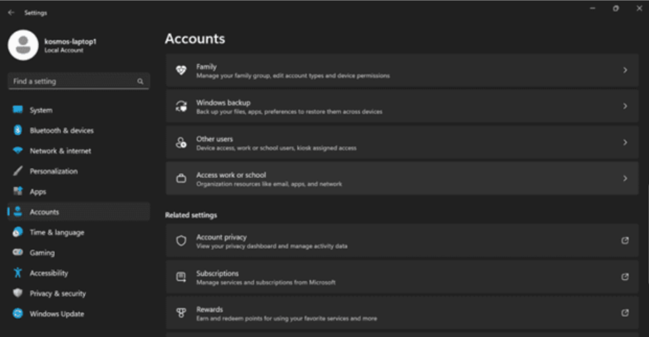 Masuk ke bagian Accounts, lalu gulir ke bawah dan pilih Access work or school (Akses kerja atau sekolah).
