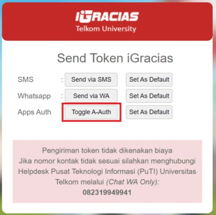 Send Token iGracias”, aktifkan opsi Toggle A-Auth agar mode token authenticator diaktifkan.
