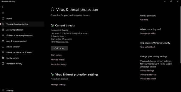 Dalam aplikasi Windows Security, pilih menu Virus & threat protection