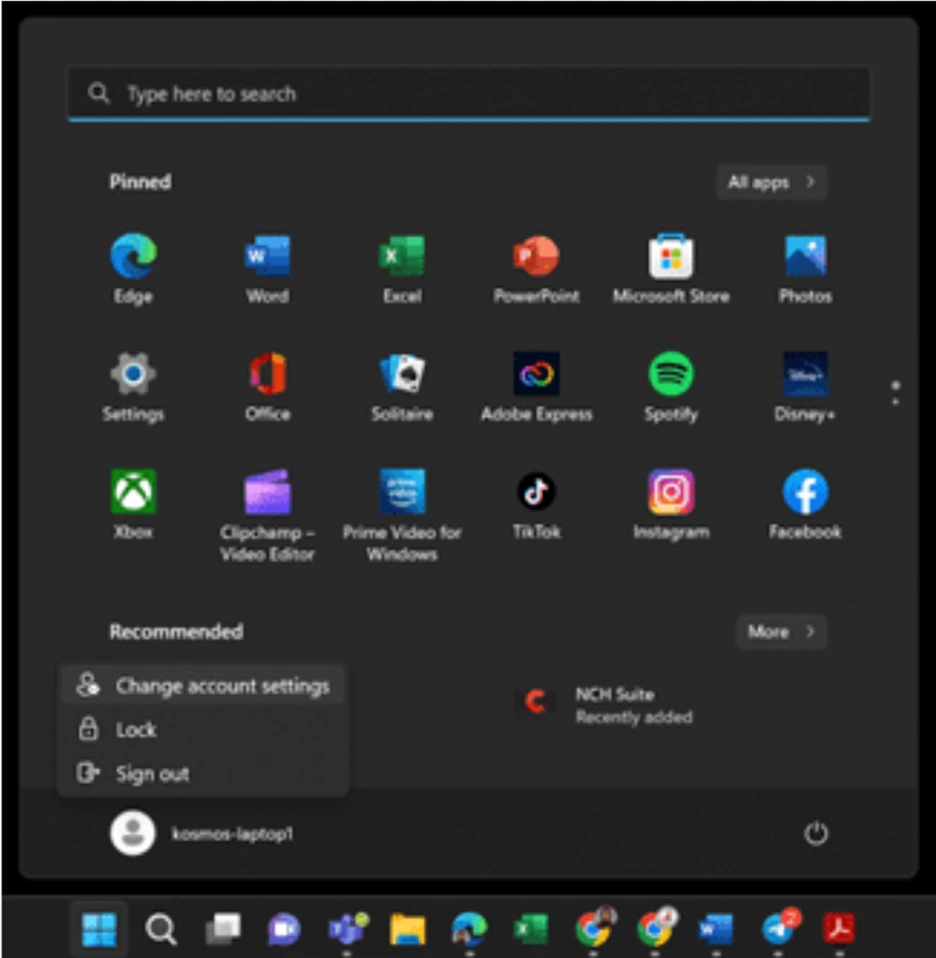 Buka menu Windows, lalu pilih profil Anda — masuk ke Change Account Settings