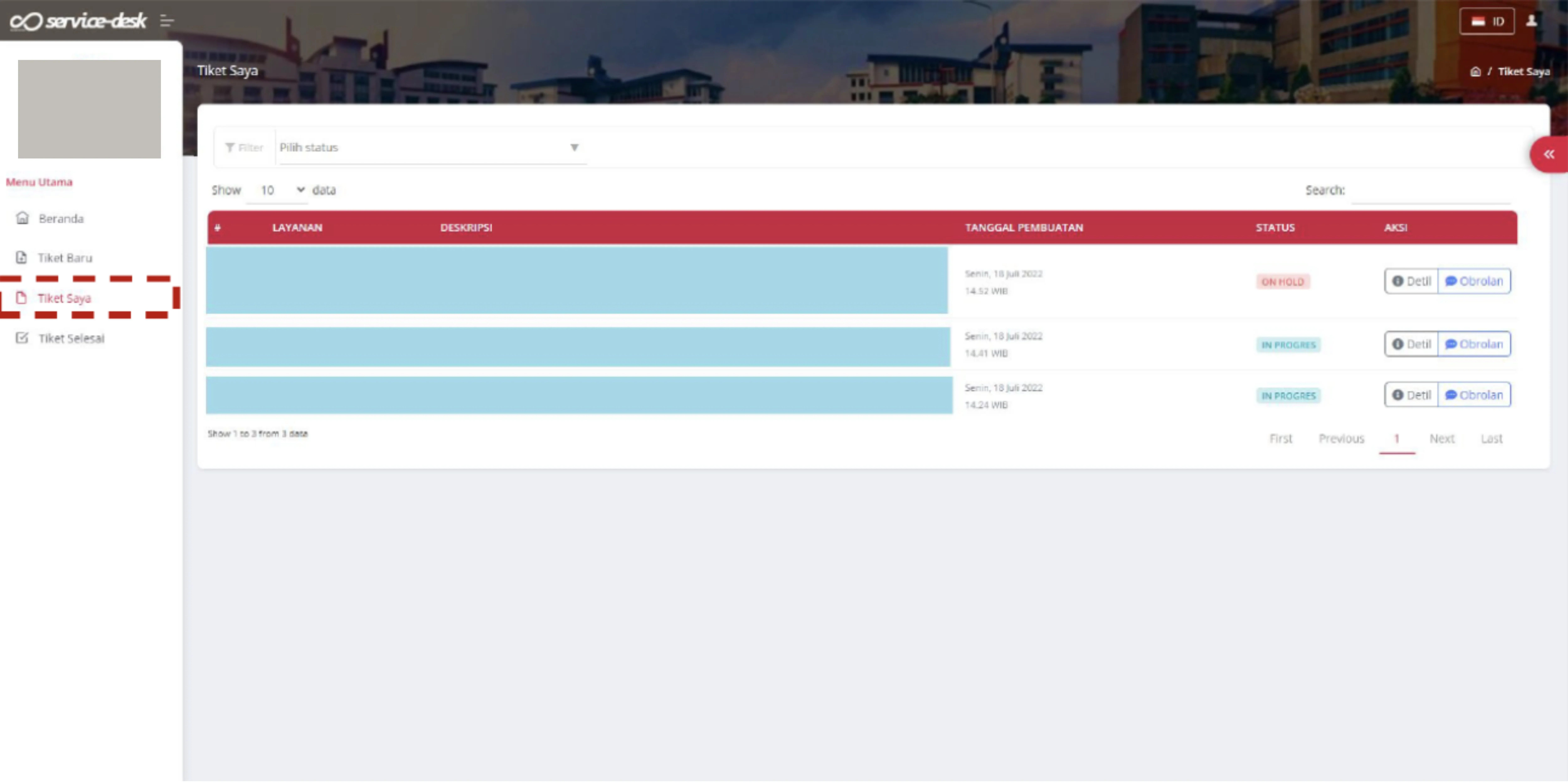 Setelah tiket dikirim, kamu dapat memeriksa progresnya melalui menu Tiket Saya. Setiap tiket akan menampilkan status tertentu yang menunjukkan tahapan penanganannya.