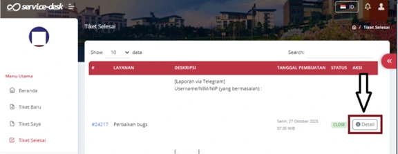 Klik aksi Detail pada tiket dengan status Close