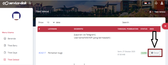 Pilih Detail pada tiket yang ingin dinilai