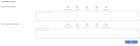 Pada halaman detail tiket, silakan berikan rating berupa bintang dan ulasan pada form “Tambahkan Ulasan”.