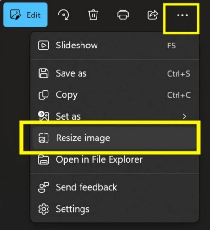 Klik tombol tiga titik (More) di pojok kanan atas jendela aplikasi, kemudian pilih Resize