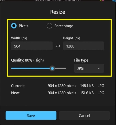 Atur nilai resolusi atau dimensi — seperti Width (lebar), Height (tinggi), atau Resolution sesuai kebutuhan Anda.