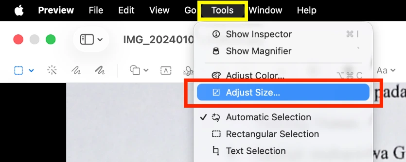Pada menu, pilih Tools → Adjust Size… untuk membuka opsi ukuran gambar