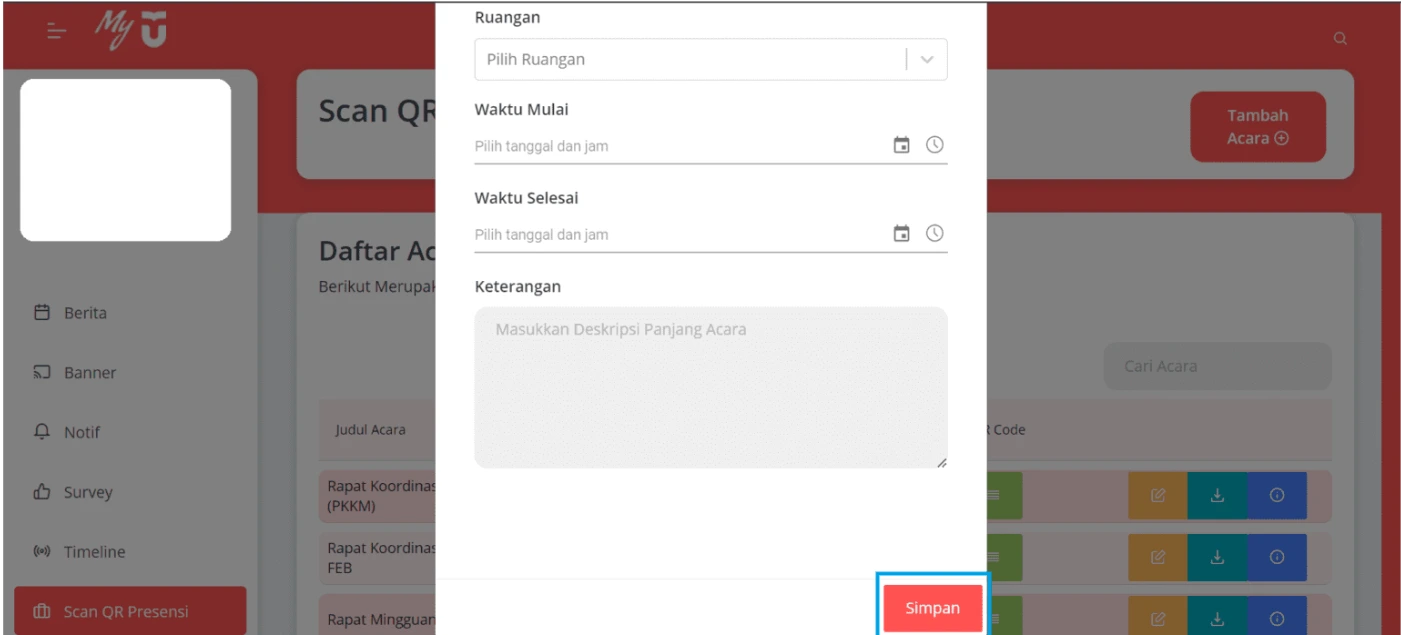 Klik tombol “Simpan” untuk menyimpan data kegiatan