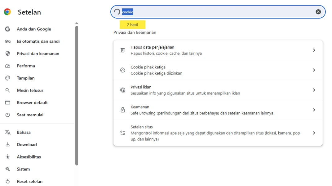 Search Cookie dan data situs