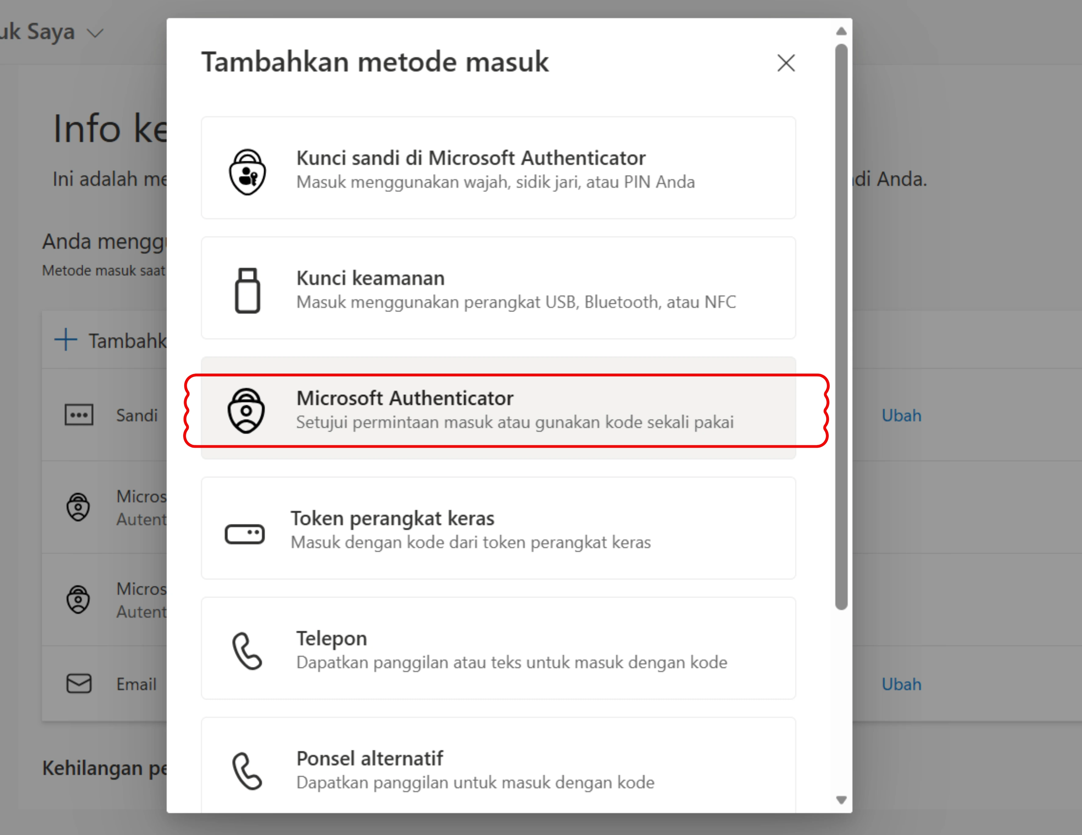 Pilih Microsoft Authenticator