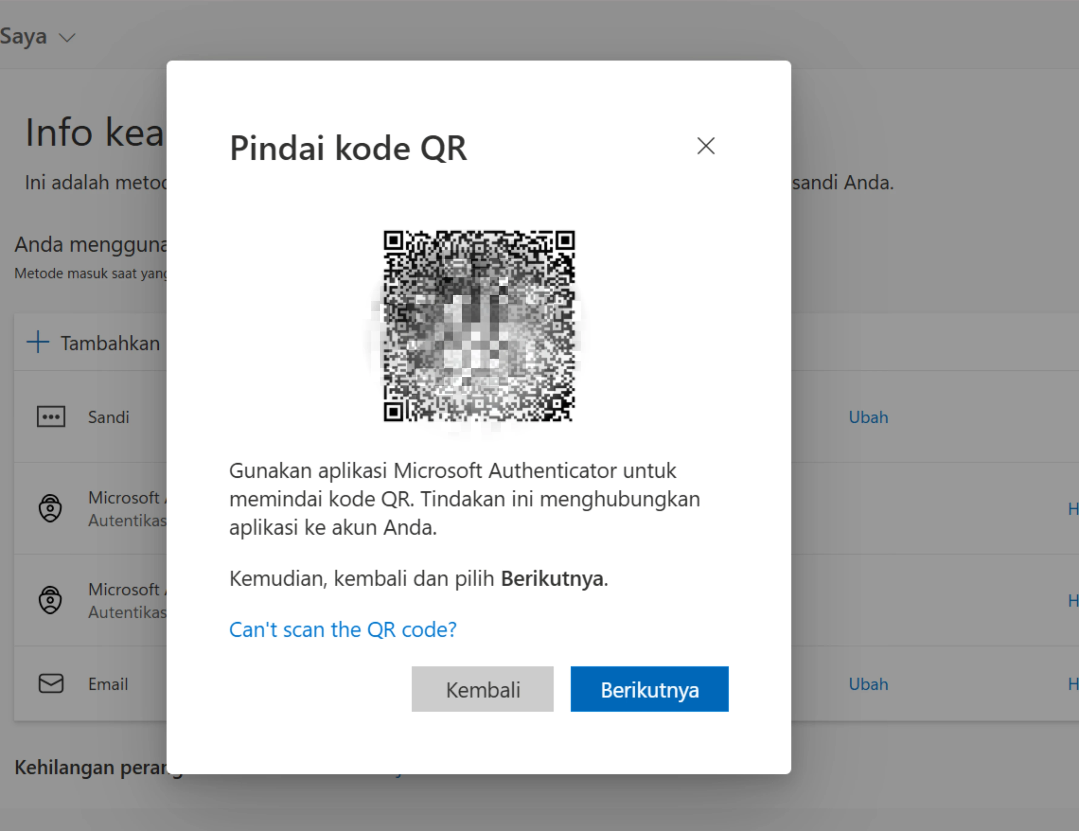 QR Code akan muncul dan dapat langsung dipindai menggunakan aplikasi Microsoft Authenticator di perangkat baru.