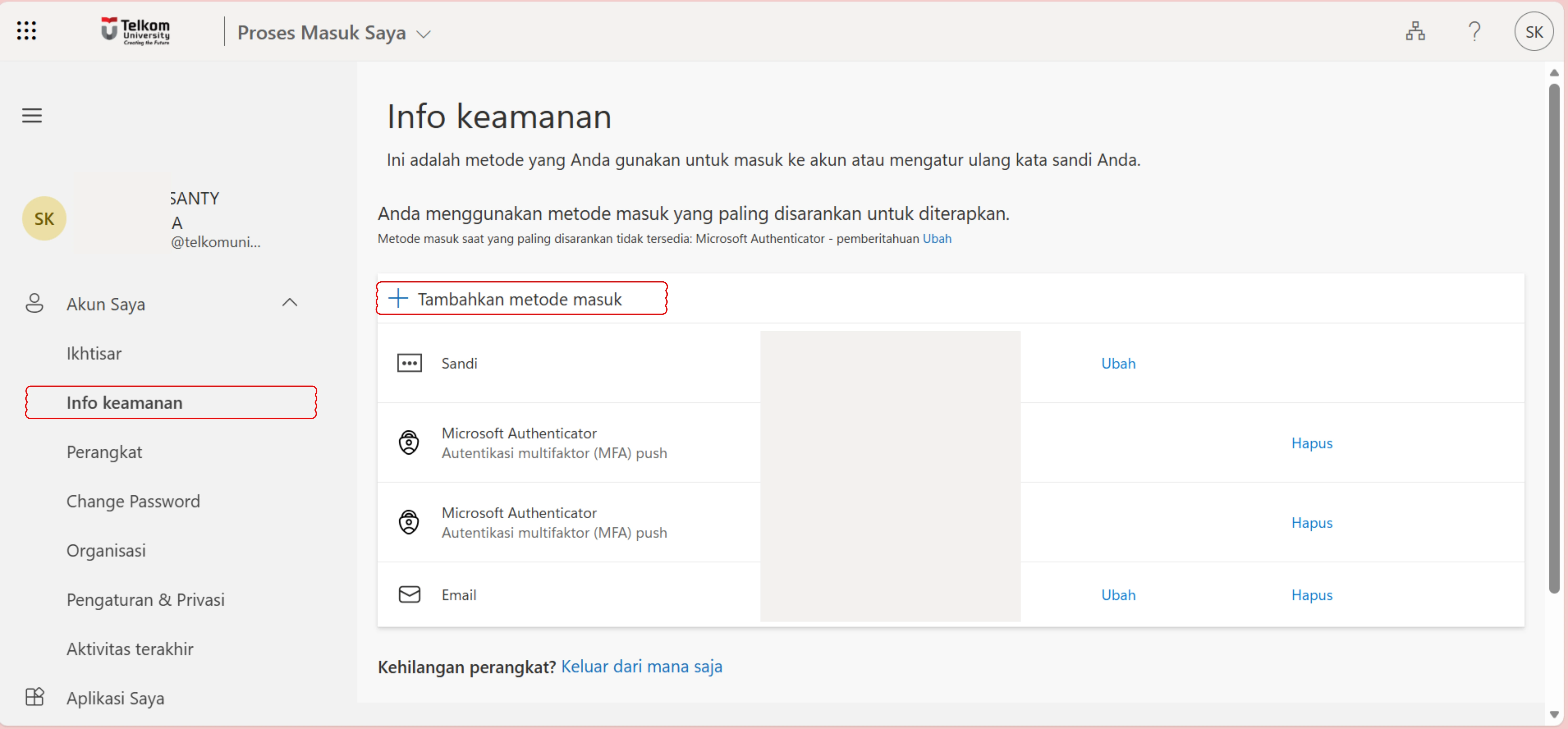 Masuk ke menu Security Info, lalu pilih Add sign-in method