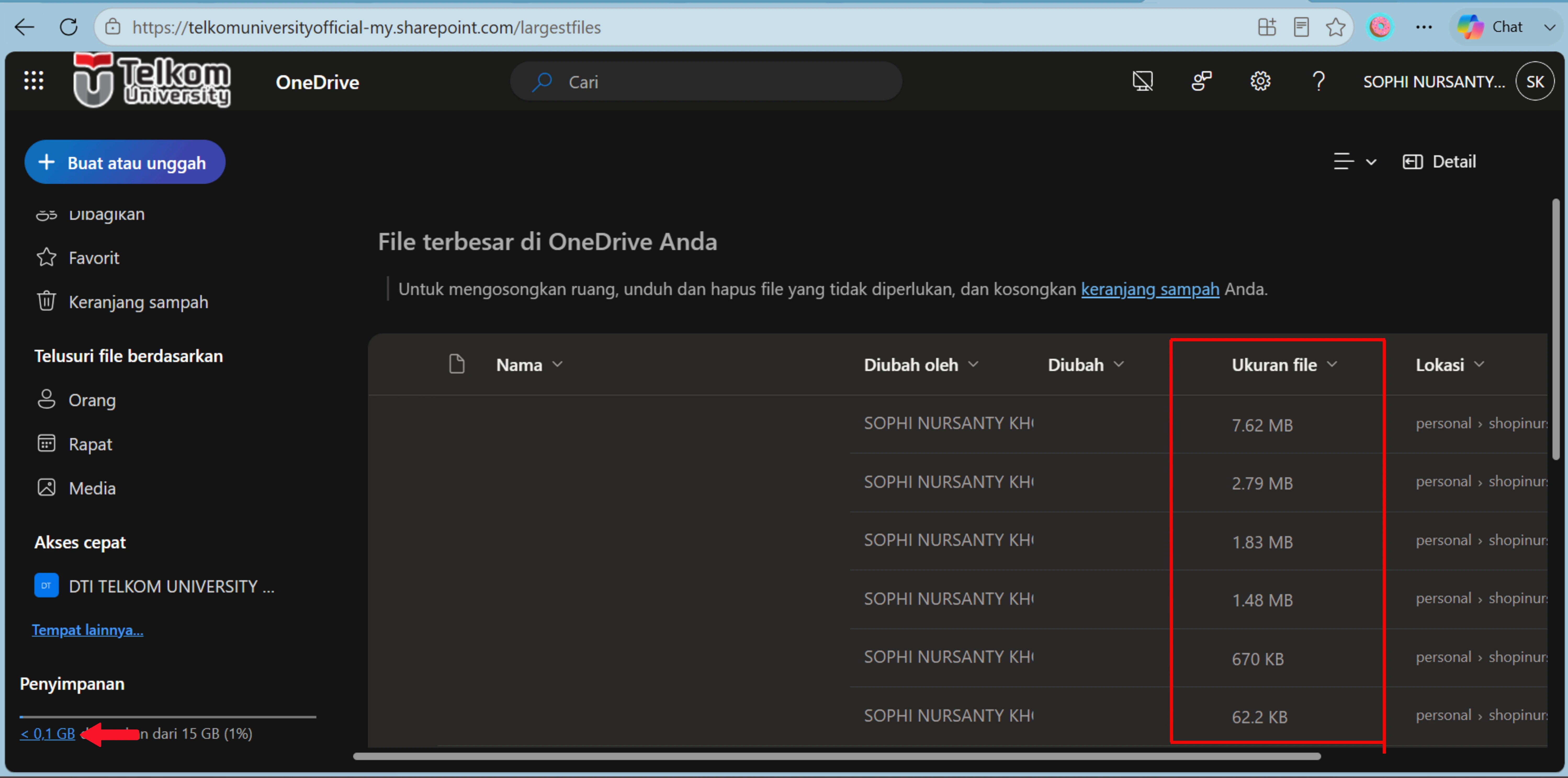 Untuk melihat detail penggunaan file dan folder yang menggunakan kapasitas penyimpanan, klik menu Storage/Penyimpanan