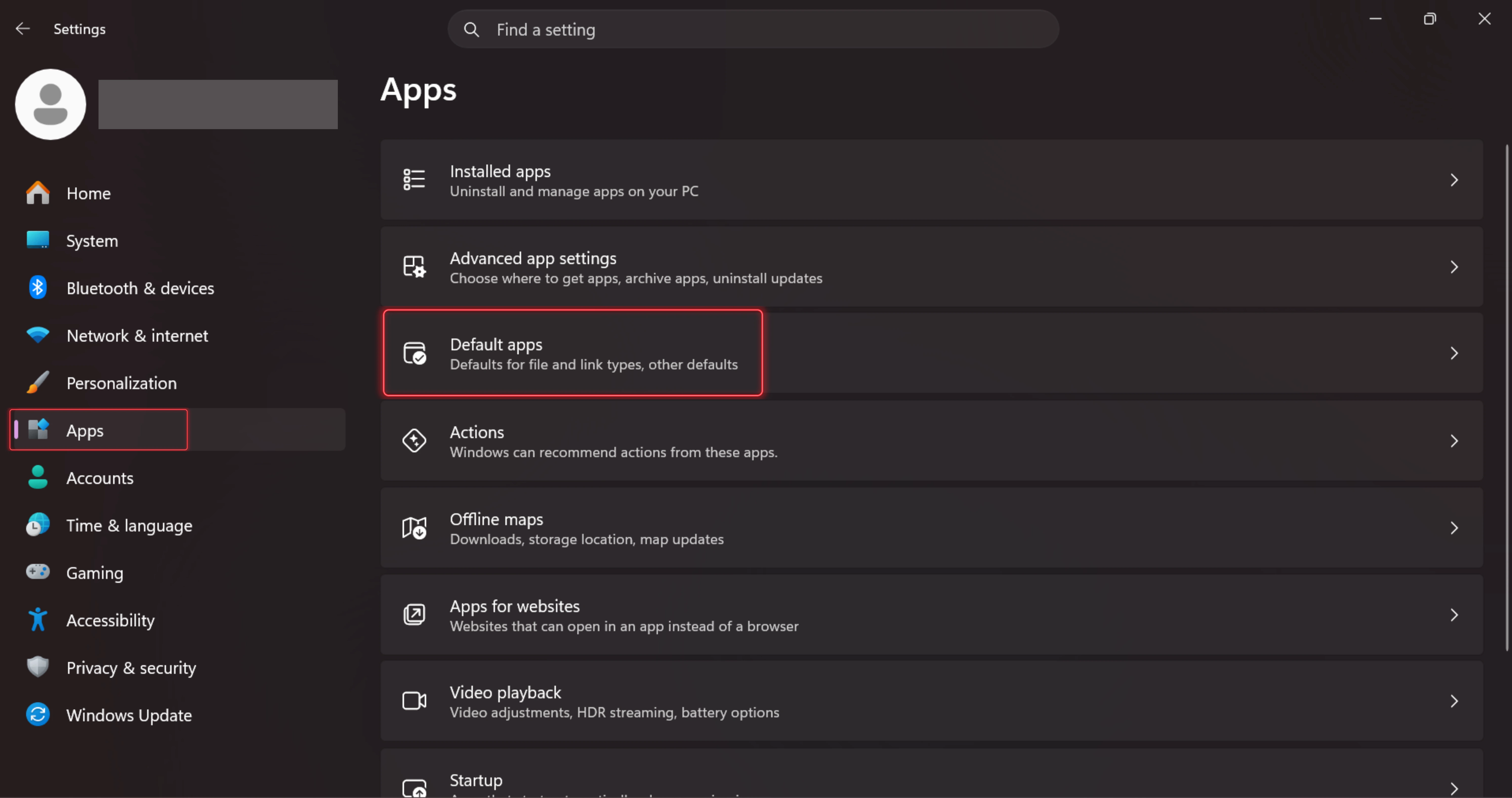 Pilih menu Apps, kemudian klik Default Apps
