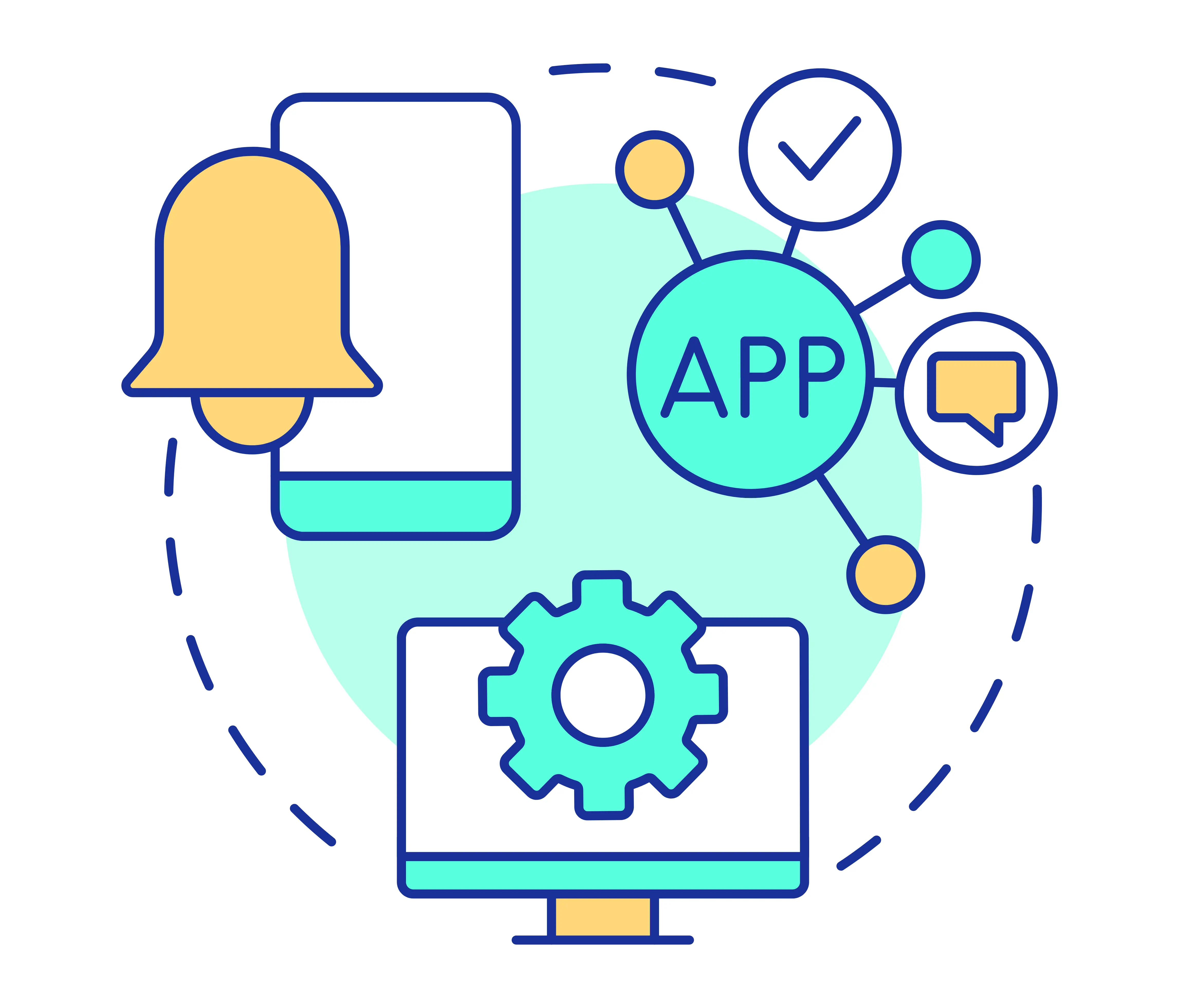 Ilustrasi vektor Progressive Web Apps bertema pengembangan aplikasi dan notifikasi digital.