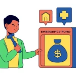 Ilustrasi seseorang menyiapkan dana darurat, ditunjukkan dengan papan “Emergency Fund”, kantong uang, serta ikon rumah dan kesehatan.