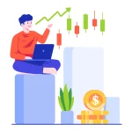 investor menggunakan laptop di depan grafik saham yang meningkat, melambangkan pertumbuhan investasi.
