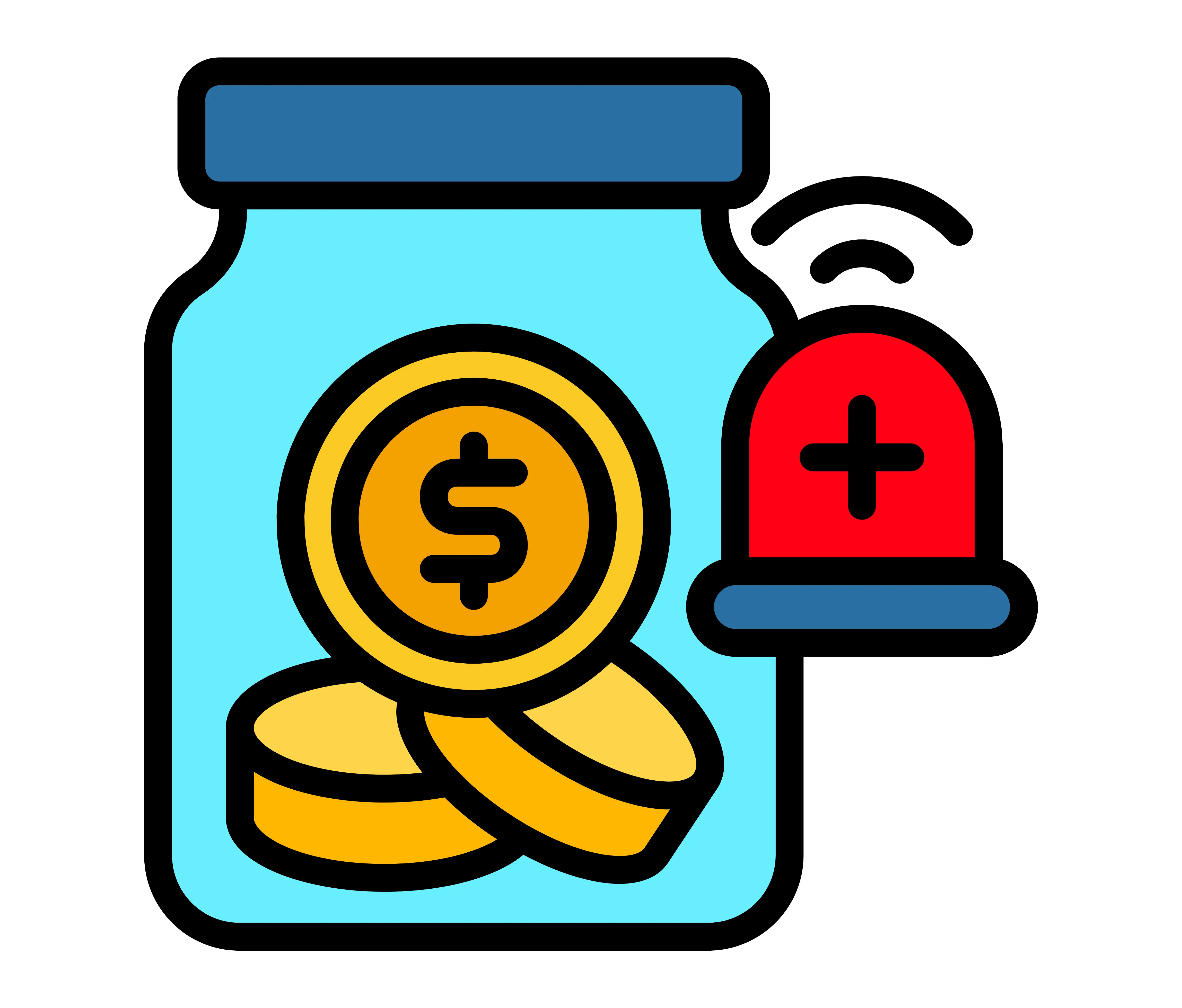 Ilustrasi toples berisi koin emas dolar dengan lampu sirine darurat melambangkan tabungan dana darurat atau emergency fund