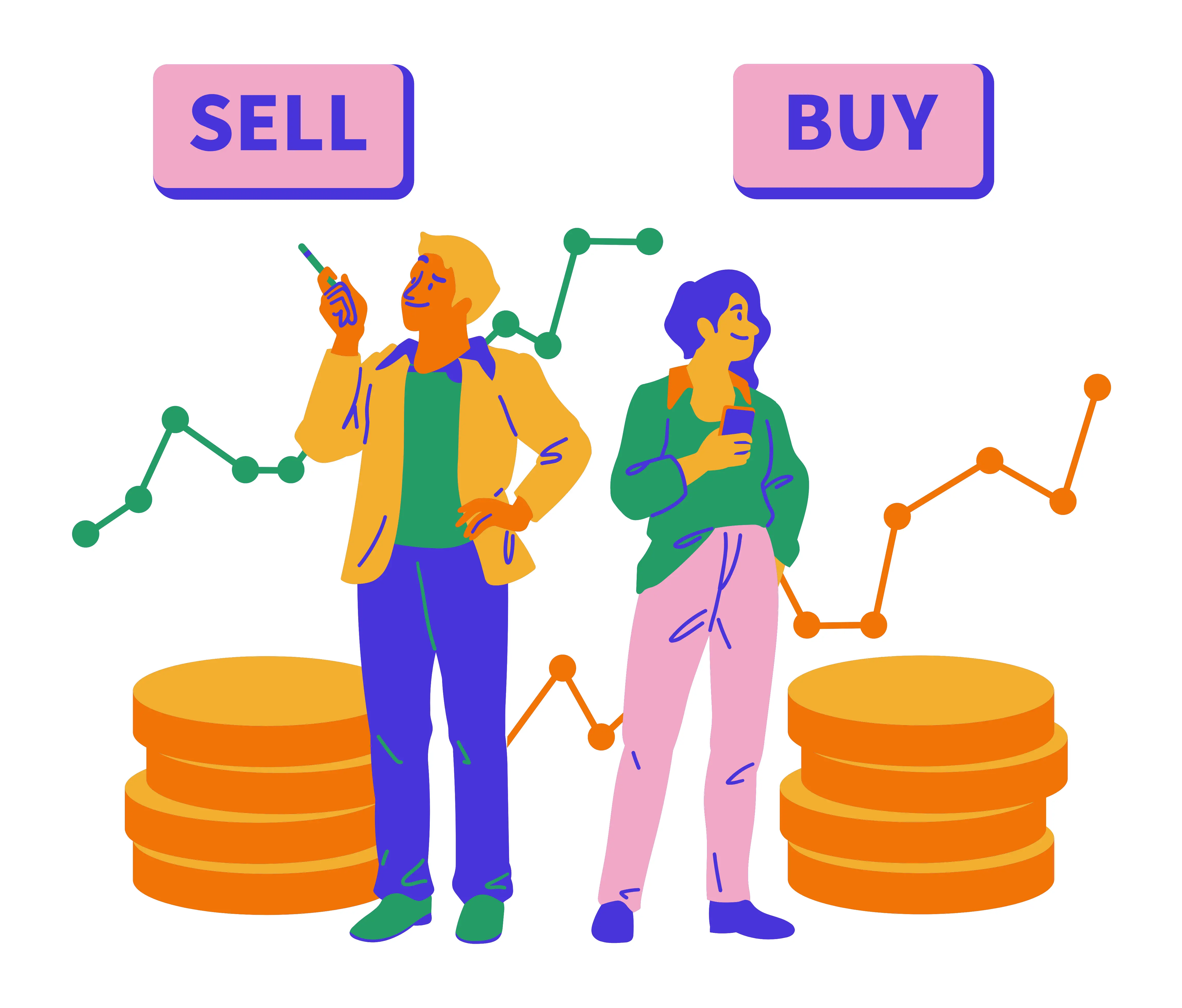 Ilustrasi aktivitas transaksi saham menampilkan grafik investasi dengan tombol sell dan buy