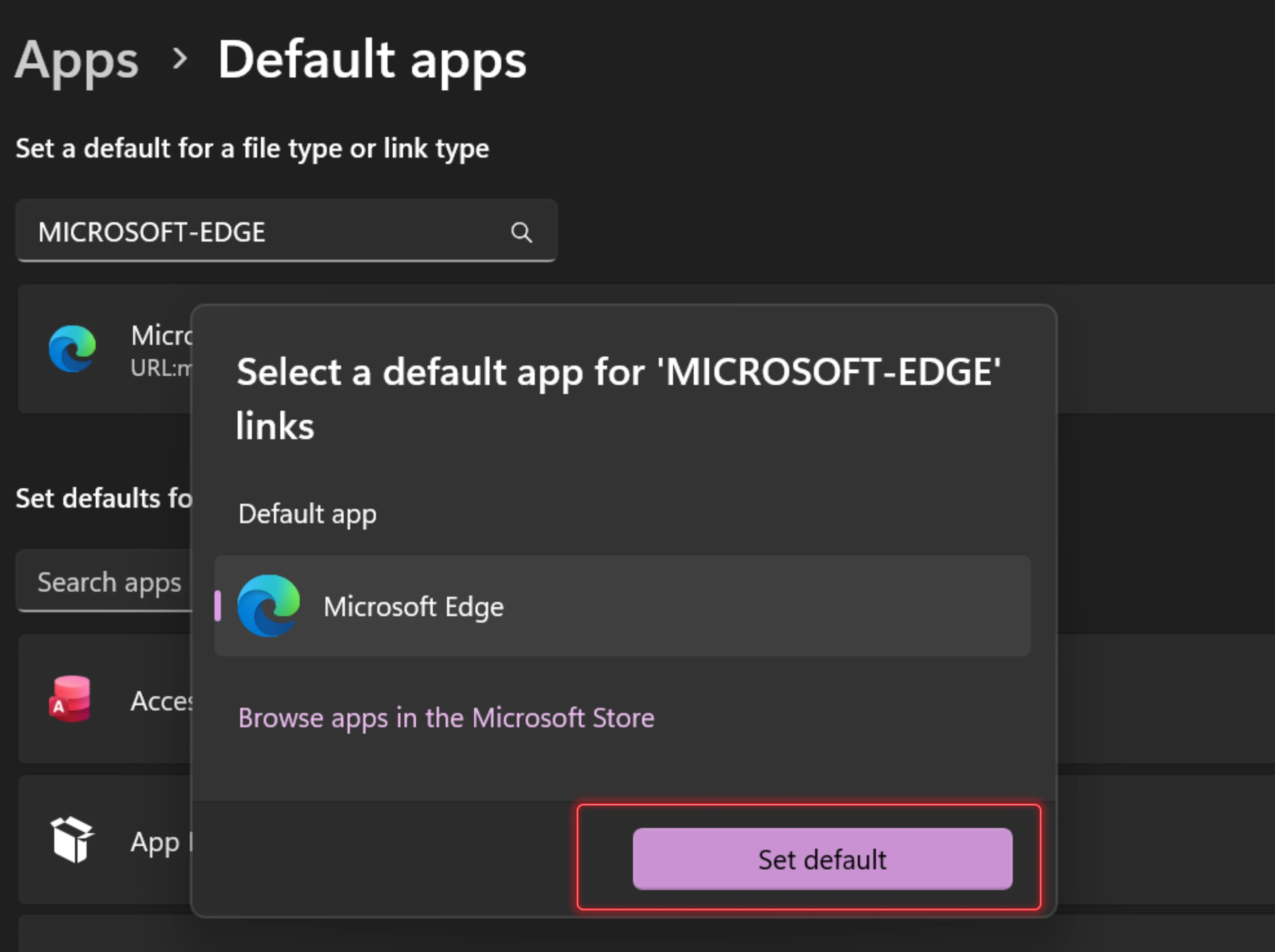 Cari dan pilih browser yang ingin digunakan, misalnya Microsoft Edge, Google Chrome, atau browser lainnya. Klik Set Default untuk menjadikannya sebagai browser utama.