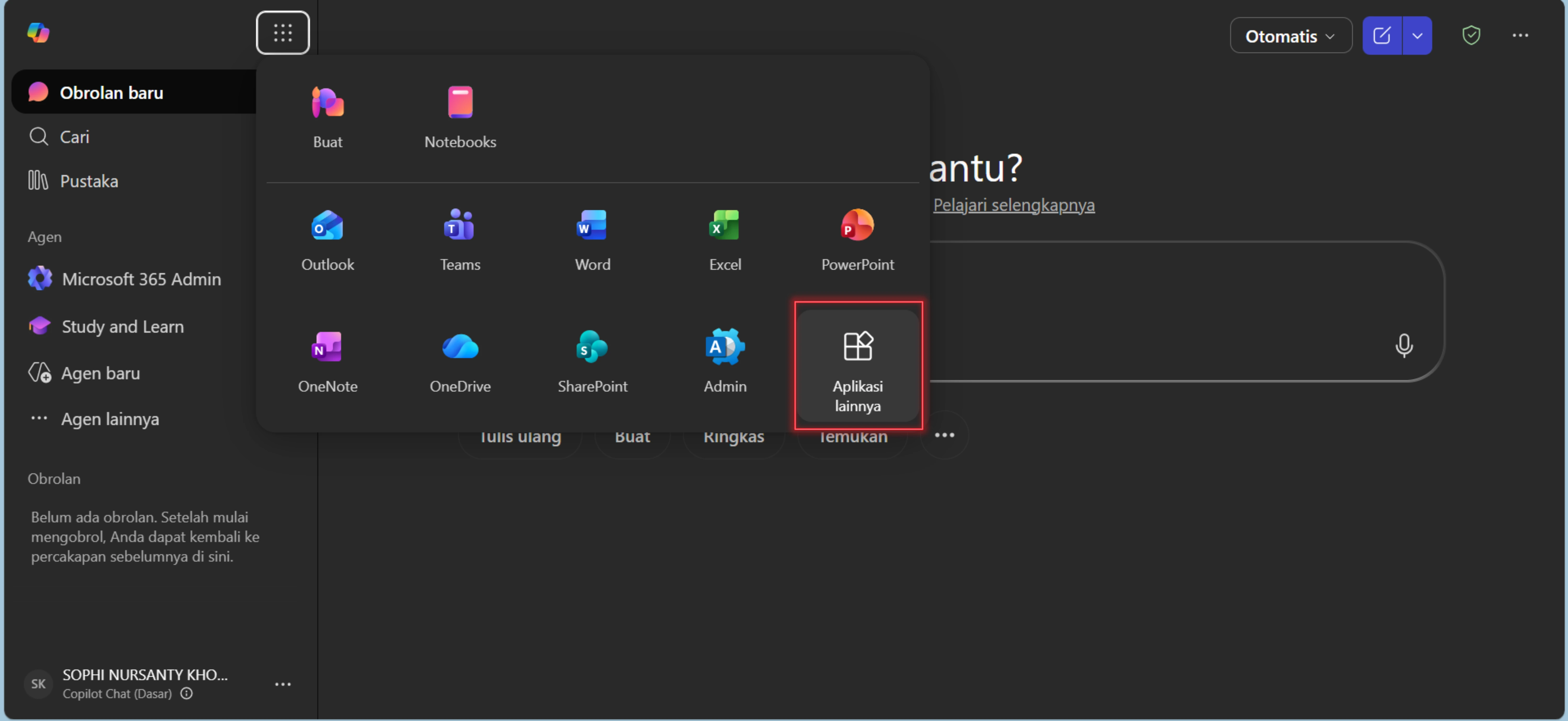 Klik ikon profil di pojok kanan atas, kemudian pilih Aplikasi Lainnya (Apps).