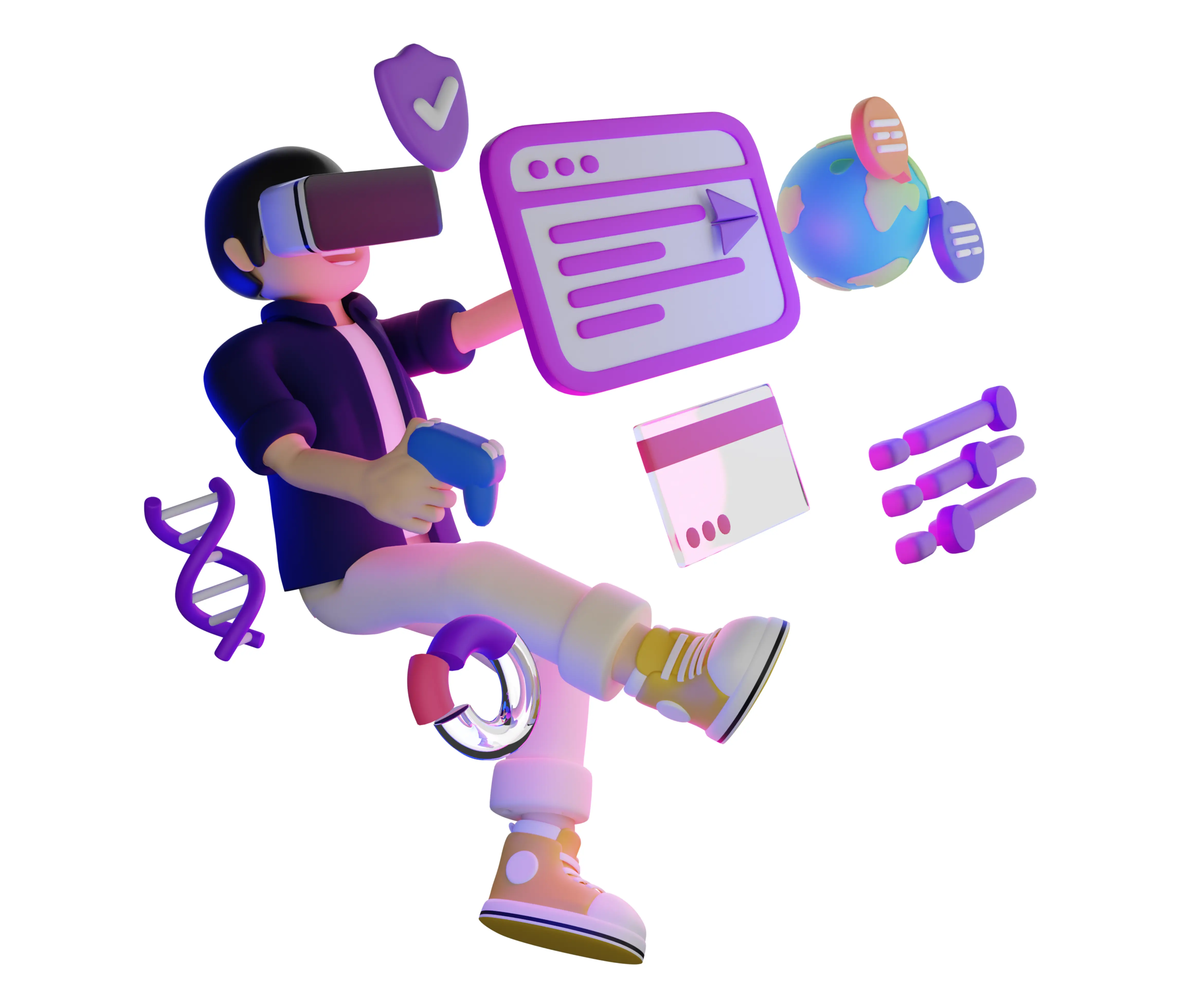 seorang pengguna mengenakan headset virtual reality (VR) sambil memegang kontroler game dan berinteraksi dengan dunia metaverse seorang pengguna mengenakan headset virtual reality (VR) sambil memegang kontroler game dan berinteraksi dengan dunia metaverse