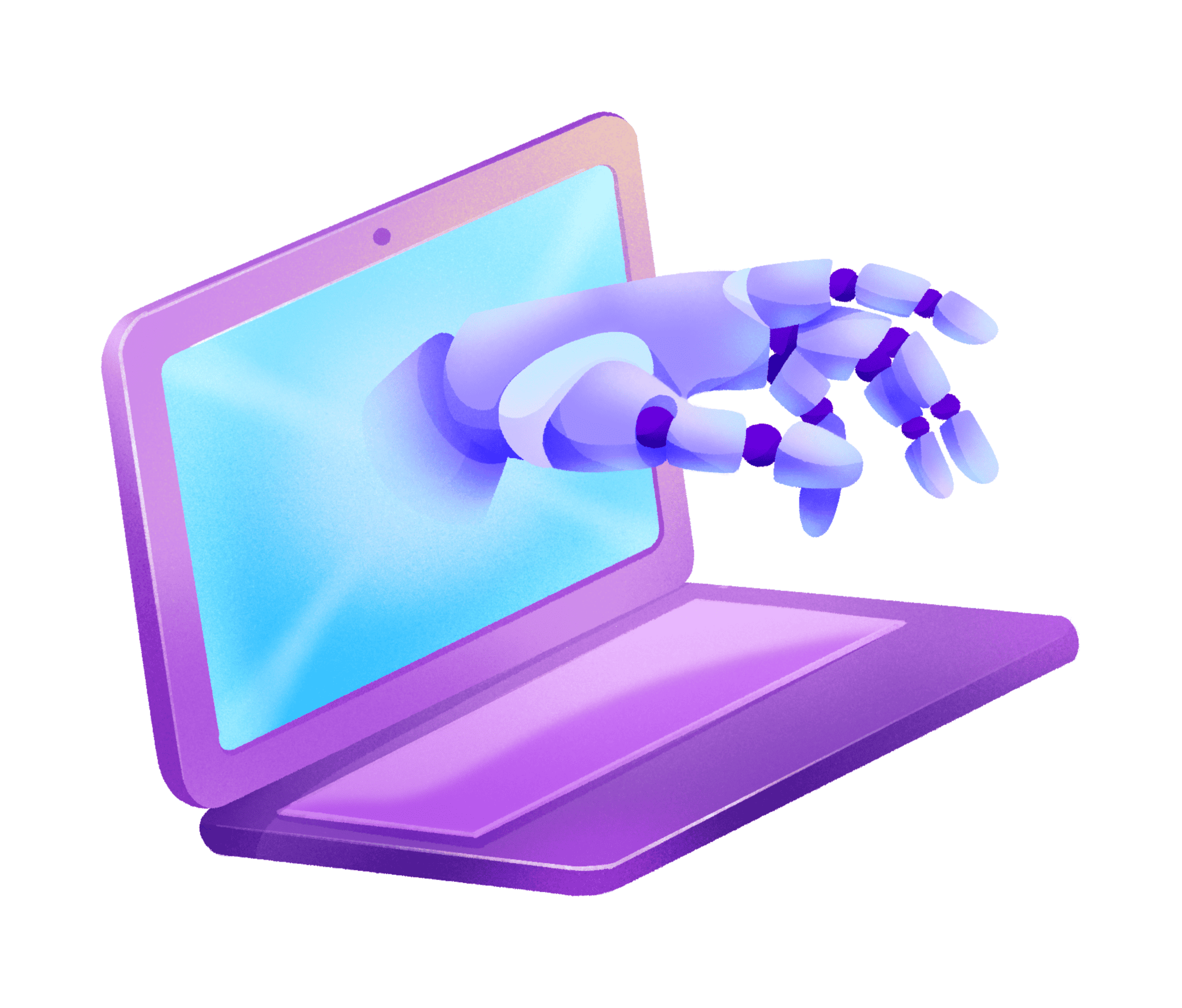 Gambaran haptic suits & gloves dengan sebuah laptop berwarna ungu dan layar menyala, serta sebuah tangan robot keluar seolah menjangkau ke dunia nyata.