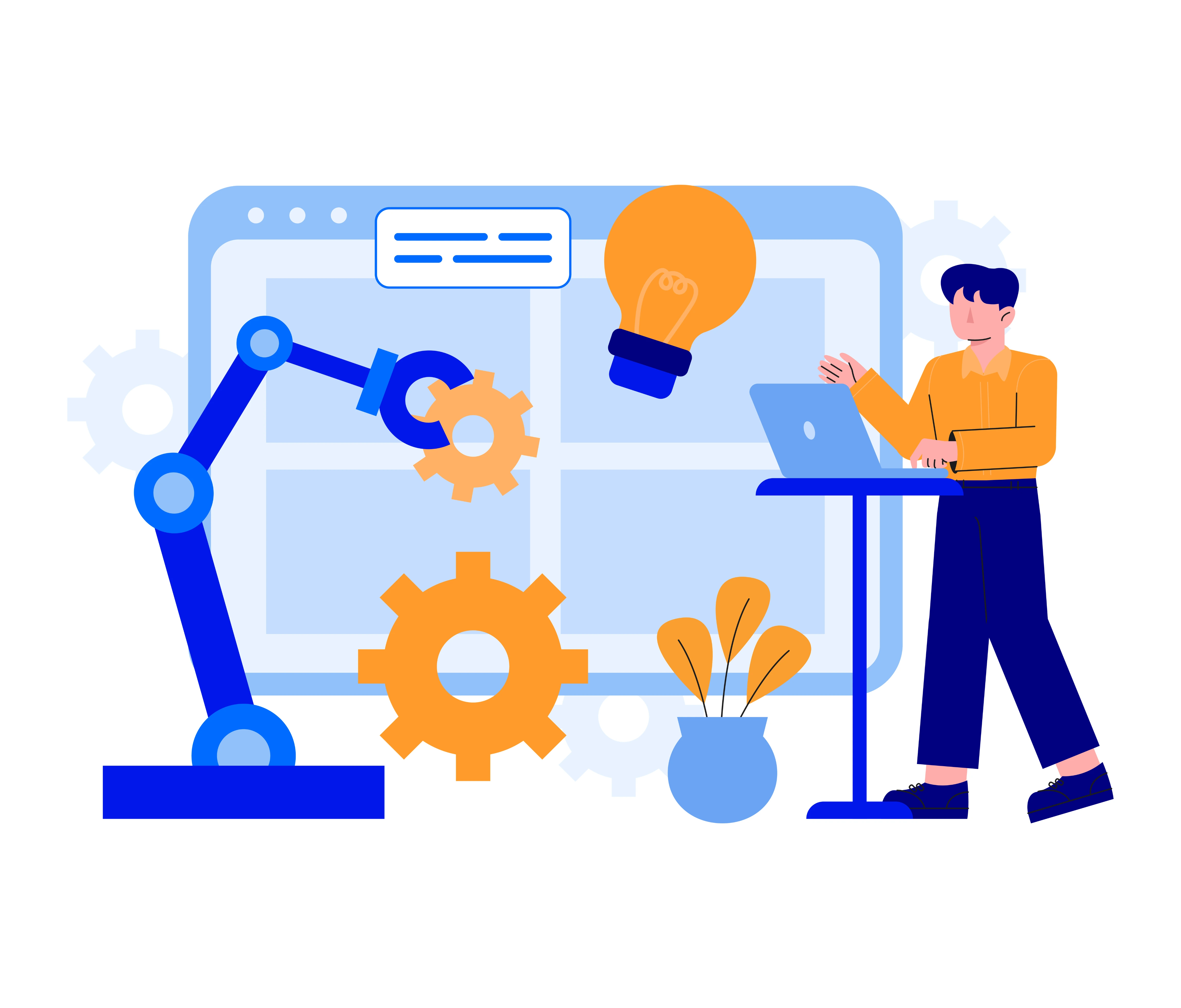 Ilustrasi workflow automation menampilkan seorang pekerja menggunakan laptop di samping robot lengan otomatis Ilustrasi workflow automation menampilkan seorang pekerja menggunakan laptop di samping robot lengan otomatis