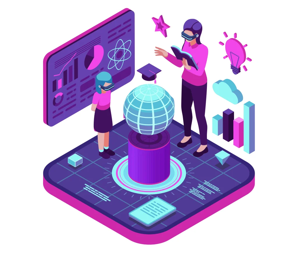 ilustrasi isometrik menampilkan seorang guru dan seorang siswa yang mengenakan headset VR dalam lingkungan pembelajaran digital metaverse ilustrasi isometrik menampilkan seorang guru dan seorang siswa yang mengenakan headset VR dalam lingkungan pembelajaran digital metaverse
