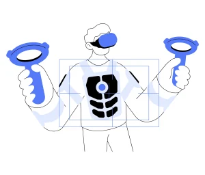 seorang pengguna mengenakan haptic suits & gloves serta memegang dua kontroler, masing-masing di tangan kiri dan kanan.